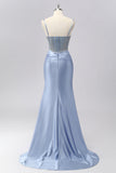 Sparkly Grey Blue Mermaid Ruched Corset Satin Long Prom Dress with Rhinestones