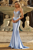 Sparkly Grey Blue Mermaid Ruched Corset Satin Long Prom Dress with Rhinestones