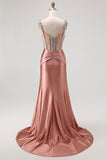 Mermaid Spaghetti Straps Corset Blush Long Prom Dress with Rhinestones