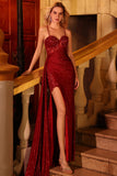 Sparkly Burgundy Mermaid Corset Sequin Long Ball Dress with Beading