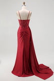 Sparkly Burgundy Mermaid Corset Sequin Long Ball Dress with Beading