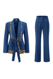 Black Leopard print Slim Fit 2-piece Women Suits