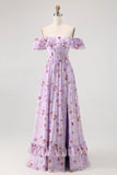 Champagne Flower Off The Shoulder Corset A-Line Bridesmaid Dress With Slit