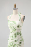 Green Flower A-Line Halter Pleated Long Bridesmaid Dress