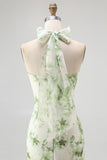 Green Flower A-Line Halter Pleated Long Bridesmaid Dress