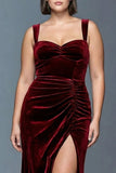 Burgundy Velvet A-Line Ruched Long Plus Size Formal Dress with Slit