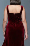 Burgundy Velvet A-Line Ruched Long Plus Size Formal Dress with Slit