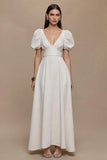Ivory A-Line V-Neck Formal Dress with Puff Sleeves