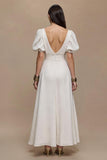 Ivory A-Line V-Neck Formal Dress with Puff Sleeves