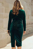 Plus Size Dark Green Sheath Velvet Ruched Midi Work Dress with Long Sleeve