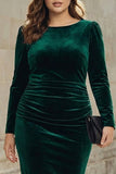 Plus Size Dark Green Sheath Velvet Ruched Midi Work Dress with Long Sleeve