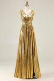 Metallic Gold V-Neck A-Line Long Formal Dress With Slit