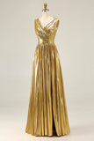 Metallic Gold V-Neck A-Line Long Formal Dress With Slit