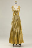 Gold A-Line Metallic Pleated V-Neck Formal Dress
