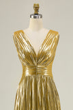 Gold A-Line Metallic Pleated V-Neck Formal Dress