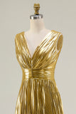 Gold A-Line Metallic Pleated V-Neck Formal Dress