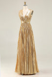 Gold V-Neck A Line Metallic Pleated Long Formal Dress