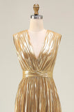Gold V-Neck A Line Metallic Pleated Long Formal Dress