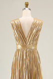 Gold V-Neck A Line Metallic Pleated Long Formal Dress