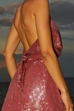 Simple Hot Pink Halter Sequins Short Cocktail Dress