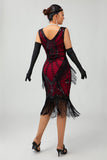 Fringed Black Red Sequin 1920s Dress with 5-Piece Accessory Set