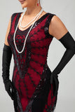 Fringed Black Red Sequin 1920s Dress with 5-Piece Accessory Set