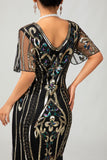 Sparkly Flapper Black Golden Sequin Bodycon Fringed 1920s Dress