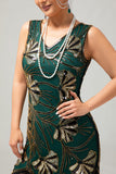 Green Golden Beaded Fringe 1920s Dress with 4-Piece Accessories Set