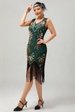 Green Golden Beaded Fringe 1920s Dress with 4-Piece Accessories Set