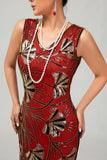 Fringed Red Golden Sequin 1920s Dress with 5 Piece Accessory Set