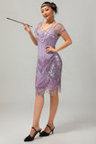 Purple Sequin Fringe 1920s Dress with 5-Piece Accessories Set