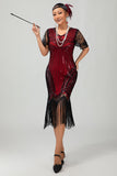 Black Red Fringed Sequins 1920s Dress with Accessories Set