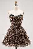 Brown Leopard Strapless A-Line Corset Tiered Cocktail Dress