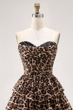 Brown Leopard Strapless A-Line Corset Tiered Cocktail Dress