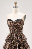 Brown Leopard Strapless A-Line Corset Tiered Cocktail Dress
