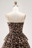 Brown Leopard Strapless A-Line Corset Tiered Cocktail Dress