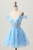 Sparkly Sequins Blue A-Line Cold Shoulder Mini Homecoming Dress with Open Back