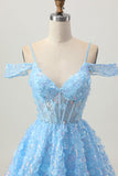 Sparkly Sequins Blue A-Line Cold Shoulder Mini Homecoming Dress with Open Back