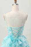 Blue Green A Line Tiered Print Corset Mini Homecoming Dress with Ruffle Skirt