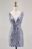 Sparkly Lilac V-Neck Sequins Bodycon Cocktail Dress