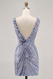 Sparkly Lilac V-Neck Sequins Bodycon Cocktail Dress