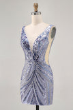 Sparkly Lilac V-Neck Sequins Bodycon Cocktail Dress