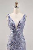 Sparkly Lilac V-Neck Sequins Bodycon Cocktail Dress