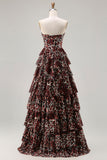 Brown Leopard A-Line Sweetheart Corset Tiered Long Ball Dress with Ruffles