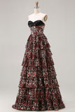 Brown Leopard A-Line Sweetheart Corset Tiered Long Ball Dress with Ruffles