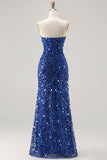 Sparkly Blue Strapless Sheath Sequin Corset Long Ball Dress With Slit