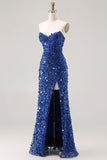 Sparkly Blue Strapless Sheath Sequin Corset Long Ball Dress With Slit
