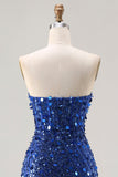 Sparkly Blue Strapless Sheath Sequin Corset Long Ball Dress With Slit