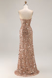 Sparkly Golden Strapless Sequins Sheath Plus Size Long Prom Dress with Slit