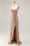 Sparkly Golden Strapless Sequins Sheath Plus Size Long Prom Dress with Slit